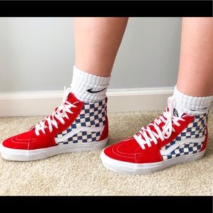 High top vans color: red and blue with checkers!